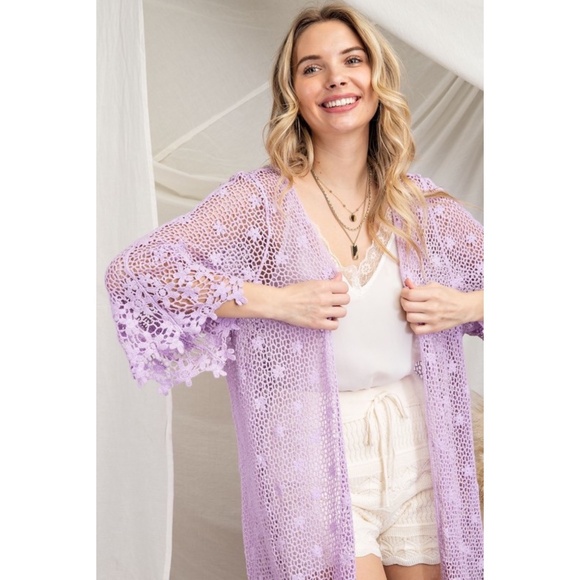 143 Story Lavender Floral Crochet Open Front 3/4 Sleeve Cardigan - Picture 3 of 6